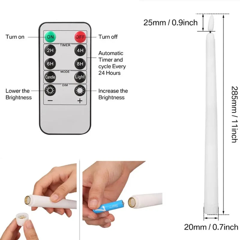 LED Flameless Taper Candles Flickering with 10-Key Remote 11" Battery