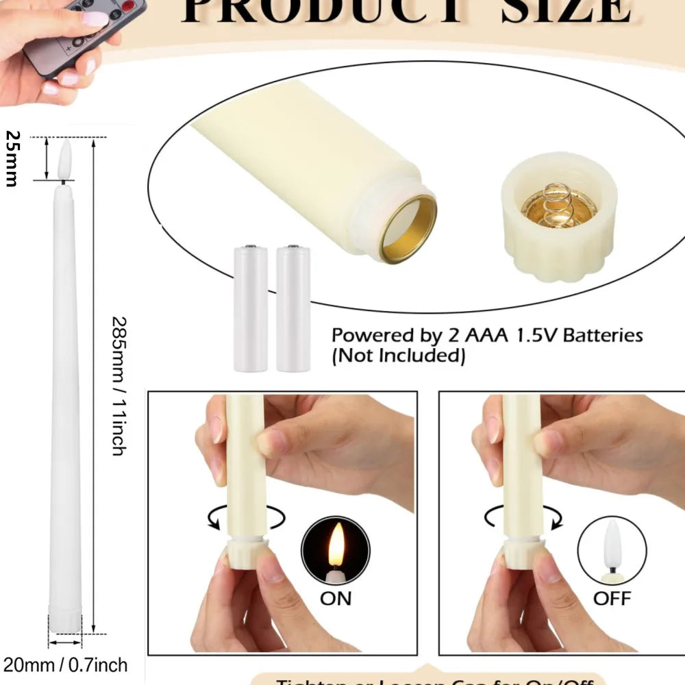 6Pcs-24Pcs Flameless Taper Candles with Timer Remote Flickering 3D