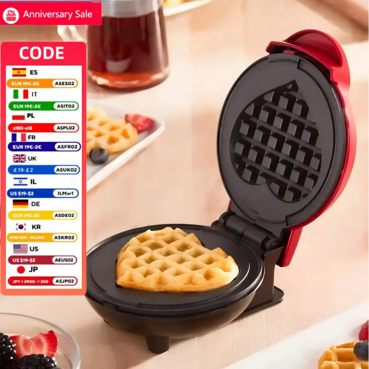 Multi Functional Mini Heart-shaped Waffle Maker, Double-sided Heated